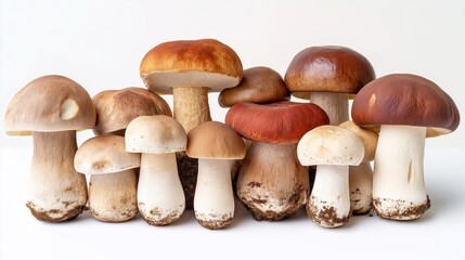 Various types of wild mushrooms arranged on a white background showcasing their unique colors and shapes. Mushrooms harvest. Freshly harvested mushrooms isolated on white