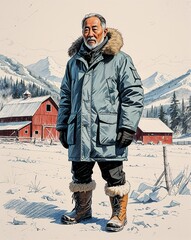 Parka with fur lined boots snow covered farm landscape Elderly Asian male background illustration portrait 3D