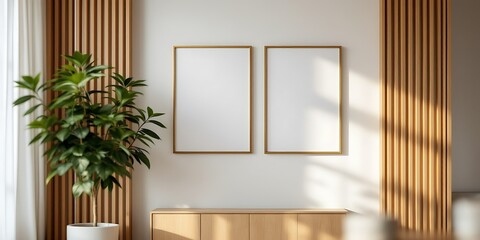 Modern room, two frames, plant, sunlight. Interior design mockup