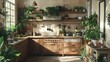 © Natchooda - A rustic farmhouse kitchen featuring vintage cabinets, with plants and greenery scattered throughout, creating a homey and charming rural setting