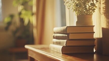 Fototapete - Cozy stack of books on a rustic wooden shelf with natural light and a space for thoughtful text. Generative AI