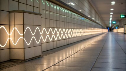 A medium closeup of a row of lightup tiles featuring a wavelike pattern with the lights pulsing gently adding a sense of rhythm and motion to the otherwise static hallway.