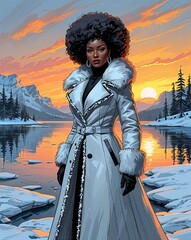 Wall Mural - Snow coat with fur trimmed edges frozen lake reflecting the sunset Mature black African female background illustration portrait 3D