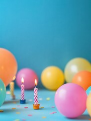 Poster - Colorful birthday table adorned with vibrant balloons and glowing candles for a festive celebration atmosphere. Generative AI