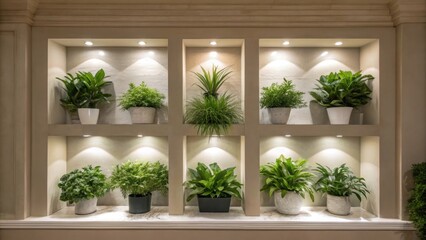 an elegantly designed wall niche holds an array of potted plants underlit by soft white spotlights t