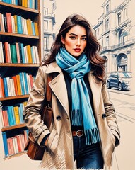 Canvas Print - Stylish long coat and scarf at a city bookstore Young Hispanic female brunette background illustration portrait 3D