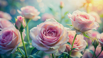 Wall Mural - Delicate Pastel Roses in a Garden Setting, Perfect for Spring or Valentine's Day.