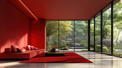 Wall Mural - Red room zen garden view relax interior design