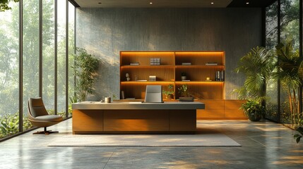 Wall Mural - Modern office, wood desk, plants, large windows.