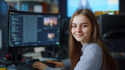 Woman uses computer screen to view data and graphs,futuristic technology concept.