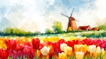 Poster - Colorful watercolor illustration of tulip fields with windmill against vibrant spring backdrop. Generative AI