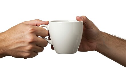 Hands Passing White Coffee Mug Sharing Drink on Isolated Background