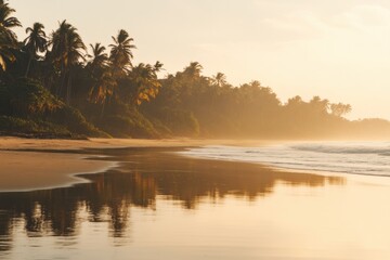 Poster - Sunset at a tropical beach with palm trees and reflecting water in serene atmosphere. Generative AI