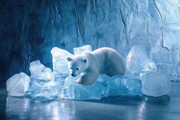 a polar bear cub explores a glacial landscape, surrounded by chunks of ice in a breathtaking blue-to