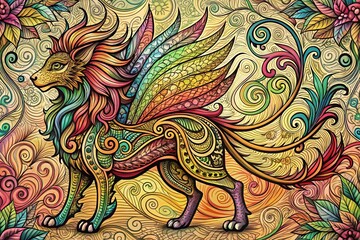 Wall Mural - Fantasy Creature Line Art: Ornate Pattern Background - Rule of Thirds Composition