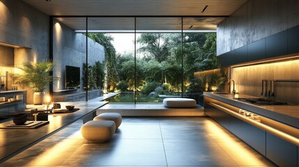 Wall Mural - Modern kitchen, garden view, minimalist design.