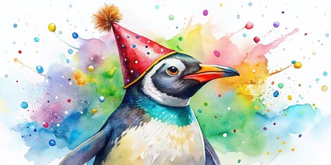 Wall Mural - Festive Penguin Party Watercolor Painting - Cute Holiday Celebration