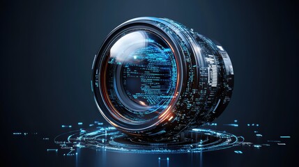 Create a vector digital hologram icon design in binary code, internet technology and cyberspace security, virtual HUD monitoring or surveillance scanner.