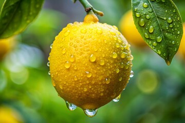 Wall Mural - Fresh Lemon Hanging on Tree Branch with Water Droplets - Stock Photo