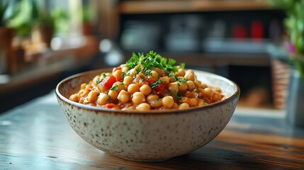 Warm golden light illuminates delicious chickpea stew in rustic bowl. AI Generated