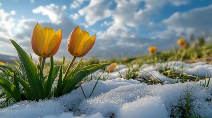 Wall Mural - Tulip flowers blooming from melting snow, with lush grass and a sunny blue sky in the background, signifying the arrival of spring