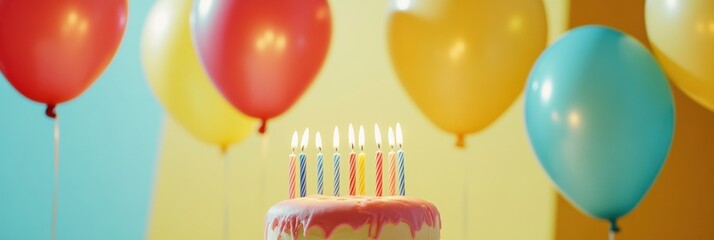 Poster - Colorful birthday table adorned with vibrant balloons and glowing candles ready for celebration in a festive atmosphere. Generative AI