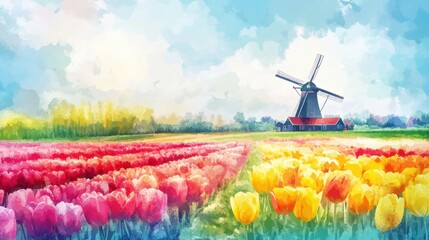 Poster - Vibrant watercolor illustration of tulip fields with windmill in springtime colors. Generative AI