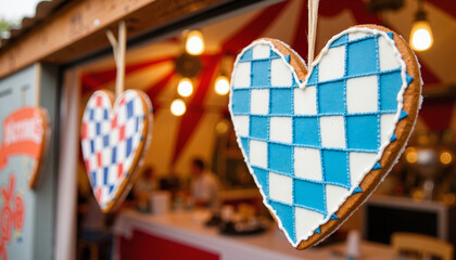 Wall Mural - Large heart-shaped gingerbread cookie hanging in festive background, Gingerbread Heart, Oktoberfest