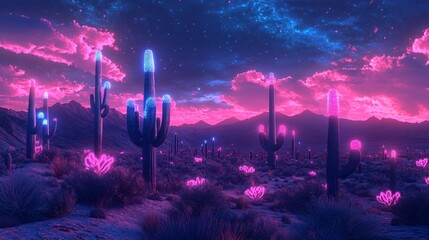 Wall Mural - a dreamlike desert where cacti glow in shades of pink and blue, lighting up the night