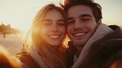 Wall Mural - A young couple taking a selfie in front of a sunset on Valentine's Day, with warm golden light and a dreamy atmosphere 