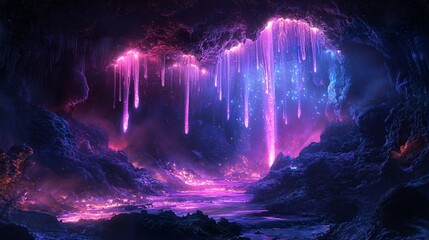 Wall Mural - a surreal cave filled with bioluminescent stalactites dripping glowing liquid