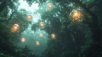 Wall Mural - a surreal jungle where trees have floating orbs of glowing energy hovering around them