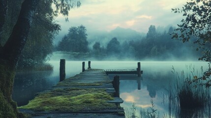 Canvas Print - Misty Morning at the Lake: Serene Wooden Dock