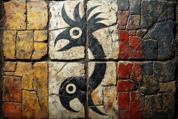 Wall Mural - Ancient mural depicting vibrant animal figures on stone tiles discovered in archaeological site