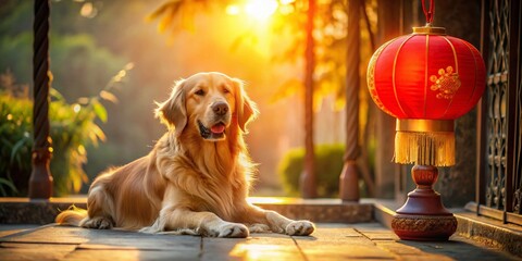 Wall Mural - Golden Retriever Dog Beside Chinese Lantern Aerial View