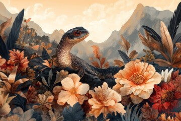 Canvas Print - Colorful lizard blending with vibrant flowers in a mountainous landscape during sunset