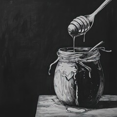 Poster - Still life drawing of honey dripping from spoon into jar on dark background. Possible use Stock photo for food, art, or design