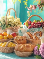 Wall Mural - Variety of fresh fruits, vegetables and bread on a table for sale