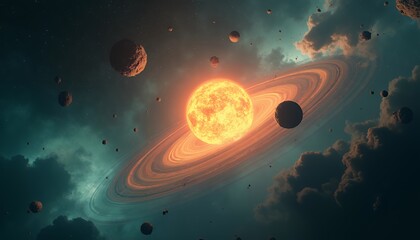 Wall Mural - spectacular ringed planet and asteroids in distant galaxy against nebula