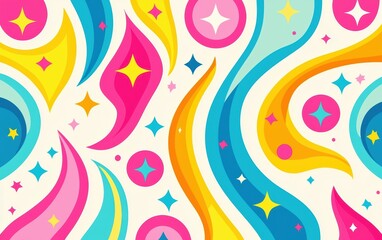 Wall Mural - vibrant abstract design featuring flowing shapes and sparkling stars in pink, blue, and yellow on a 