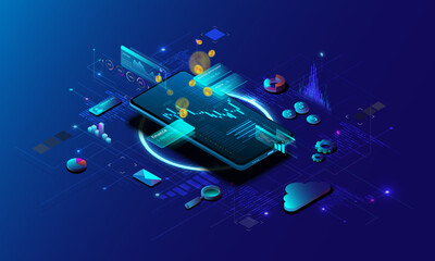 Wall Mural - mobile phone technology background picture, financial graph concept, stock market investment