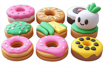 Wall Mural - Assorted, colorful donuts and a cute radish pastry with a smiley face are displayed on a white background.