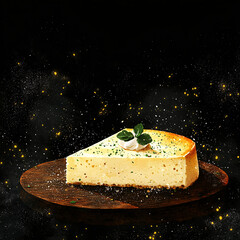 Wall Mural - A delectable slice of cheesecake rests on a wooden platter against a dark, sparkling background, garnished with cream and mint.