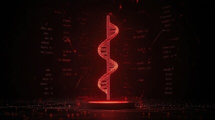 Wall Mural - red digital dna helix on dark background with data visualization elements