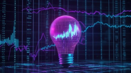 Wall Mural - light bulb with digital graph on dark background for data analysis