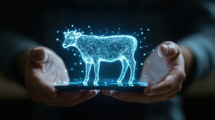 Wall Mural - digital representation of cow with technological effects in hands