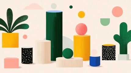 Wall Mural - colorful abstract shapes and plants create a vibrant and playful composition, highlighting modern de