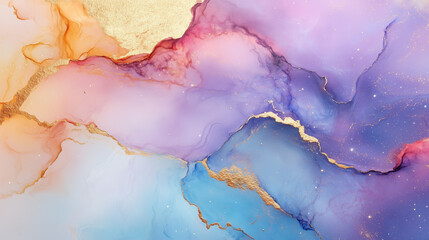 Wall Mural - vibrant abstract artwork featuring fluid colors of purple, blue, orange, and gold, creating dreamy and ethereal effect.