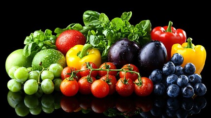 Poster - Colorful fresh vegetables and fruits on black background; healthy eating