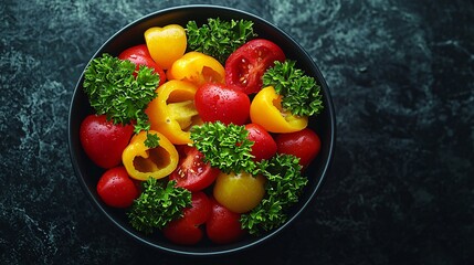 Poster - Colorful bell peppers and tomatoes in bowl.  Healthy food recipe